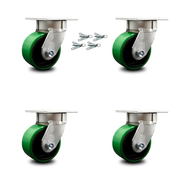 4 Inch Kingpinless Green Poly on Steel Wheel Swivel Caster Set with Swivel Lock